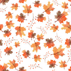 Seamless autumn leaves background, berries on white isolated background. Watercolor illustration