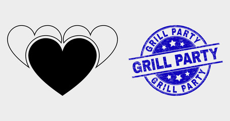 Vector love hearts icon and Grill Party seal stamp. Red round scratched seal stamp with Grill Party text. Vector combination in flat style. Black isolated love hearts icon.