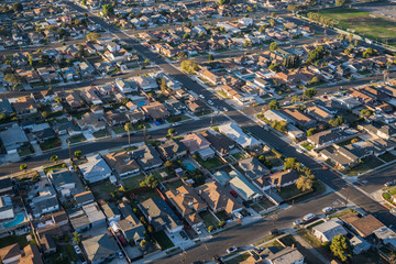 Morning aerial view resideintial homes and streets near Hawthorne in Los Angeles County, California.