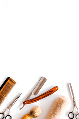 Men's hairdressing tools on white background top view copy space