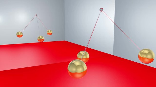 Pendulum back and forth movement of spheres on a glassy colorful background