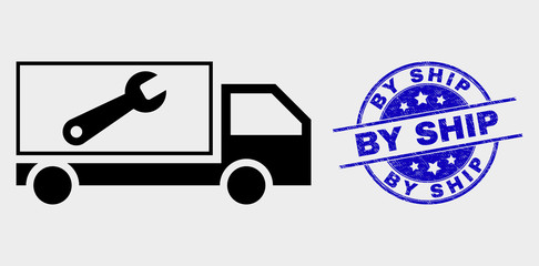 Vector repair lorry icon and By Ship seal stamp. Red rounded scratched seal stamp with By Ship text. Vector combination in flat style. Black isolated repair lorry icon.