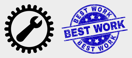 Vector repair wrench icon and Best Work seal. Red round distress seal stamp with Best Work text. Vector composition in flat style. Black isolated repair wrench icon.