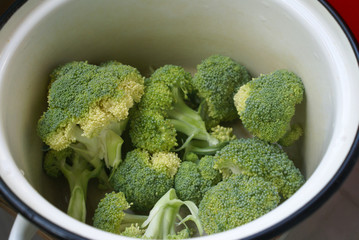 Broccoli cabbage in a pan top view..Inflorescences of broccoli in a pan, prepared for boiling. Tasty and healthy vegetarian vegetable food.