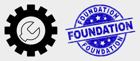 Vector setup tools icon and Foundation stamp. Red round scratched stamp with Foundation text. Vector combination in flat style. Black isolated setup tools icon.