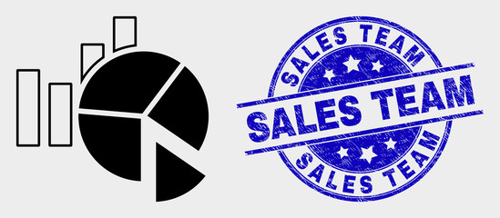Obraz premium Vector statistics charts pictogram and Sales Team seal stamp. Red rounded scratched seal stamp with Sales Team text. Vector combination in flat style. Black isolated statistics charts icon.
