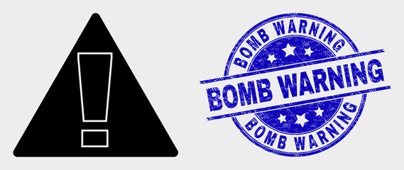 Vector warning pictogram and Bomb Warning stamp. Red round grunge seal stamp with Bomb Warning text. Vector composition in flat style. Black isolated warning pictogram.