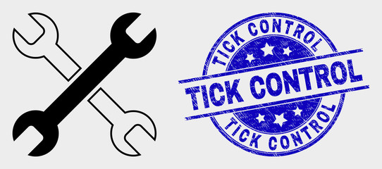 Vector wrenches icon and Tick Control seal stamp. Red rounded grunge stamp with Tick Control text. Vector combination in flat style. Black isolated wrenches icon.