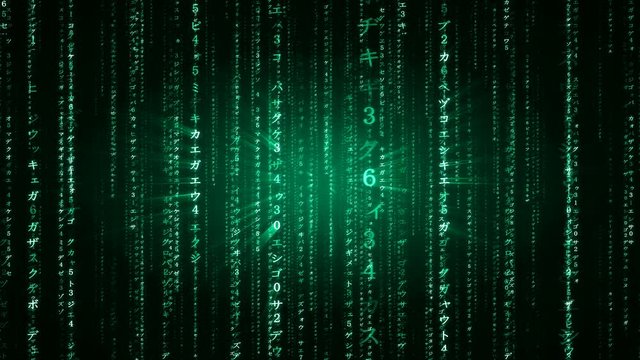 The Matrix style binary code. The camera moves through falling numbers and Japanese characters. Available in multiple color options. Green version. Seamless loop. 4K
