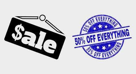 Vector sale announce pictogram and 50% Off Everything seal stamp. Red round grunge seal with 50% Off Everything caption. Vector combination in flat style. Black isolated sale announce pictogram.