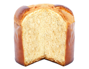 panettone, typical Brazilian sweet bread served as a dessert for Christmas and New Year celebrations. Mockup panettone for advertising use, isolated white background.