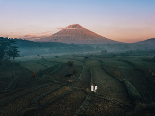 Naklejka premium Aerial view of landscape Couple with Terrace rice field of Mount Agung volcano in Bali in Indonesia