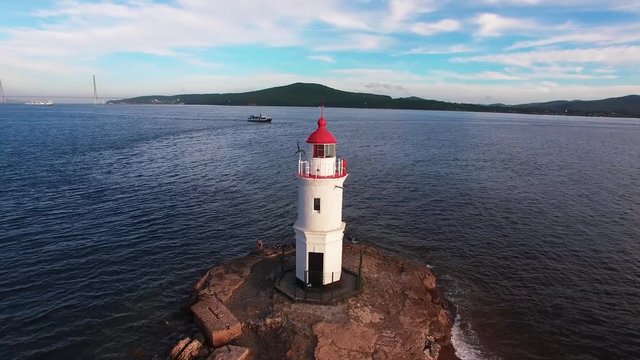 Aerial photo of marine landscape with views of the landmark lighthouse Tokarevskiy.