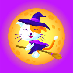 Witch cat ride a magic broom with full moon background. Cute cat ride a broom in halloween night.
