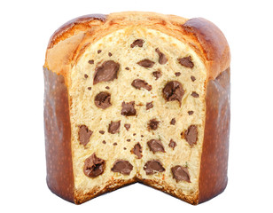 chocolate stuffed panettone, typical Brazilian sweet bread served as a dessert for Christmas and New Year celebrations. Known as chocotone. Christmas food isolated on white background.