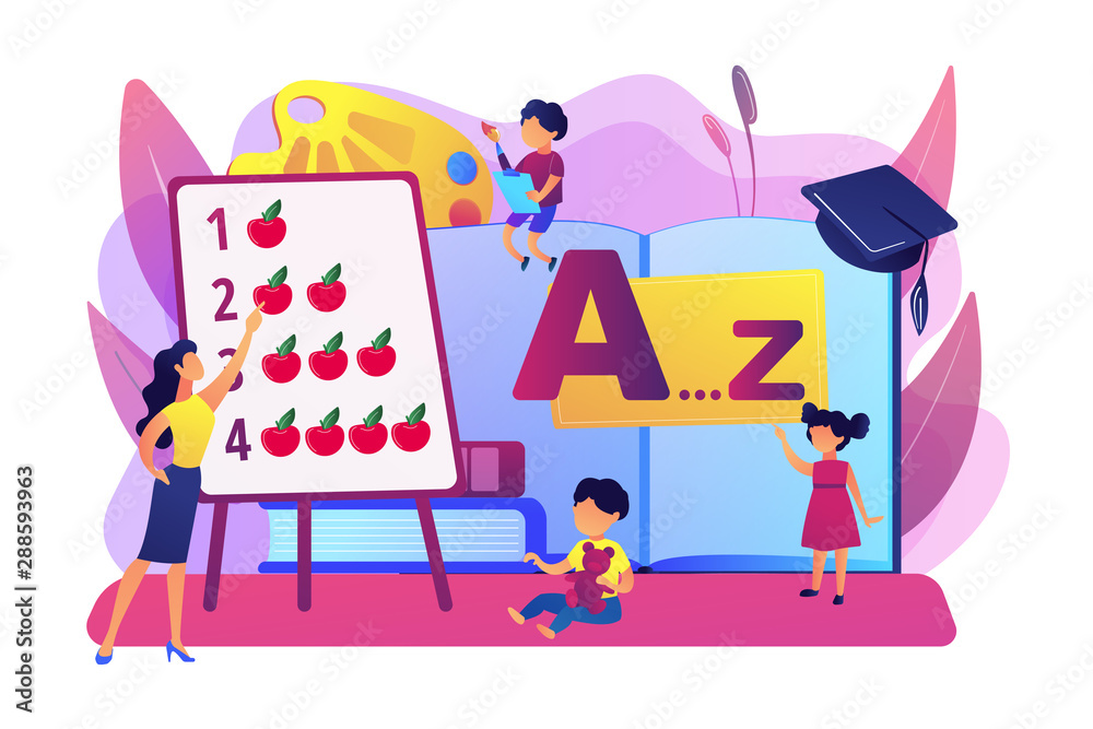 Poster primary school. elementary grade pupils studying arithmetic and alphabet. early education, early chi