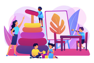 Day care center, kindergarten pupils and tutor. Primary education. Nursery school, high quality preschool program, private nursery near you concept. Bright vibrant violet vector isolated illustration