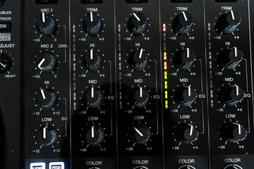 Wide angle photo of black sound mixer controller with knobs and sliders © Gayan