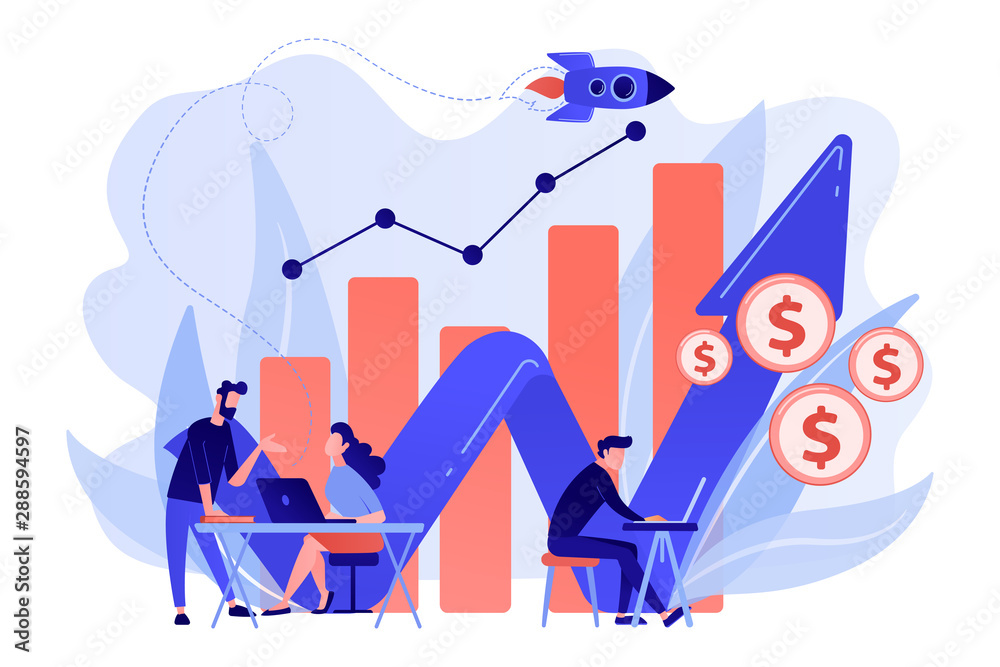 Poster sales managers with laptops and growth chart. sales growth and manager, accounting, sales promotion 