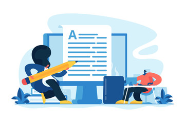 Content creating, articles, text writing and editing remote job. Inbound marketing. Copywriting job, home based copywriter, freelance copywriting concept. Vector isolated concept creative illustration
