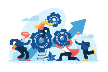 Startup work, success. Effective team-working, teamwork projects, teamwork skills, teamwork solutions, effective collaboration, Goal achievement concept. Vector isolated concept creative illustration