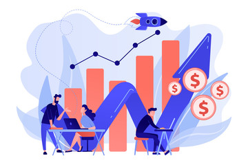 Sales managers with laptops and growth chart. Sales growth and manager, accounting, sales promotion and operations concept on white background. Living coral blue vector isolated illustration