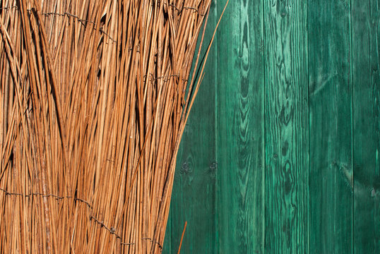Dry reeds on wooden background