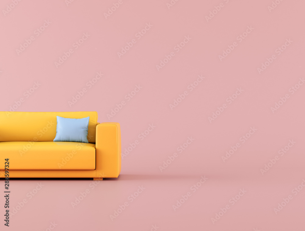 Poster mock up of yellow sofa on blue background,minimal concept, 3d rendering.