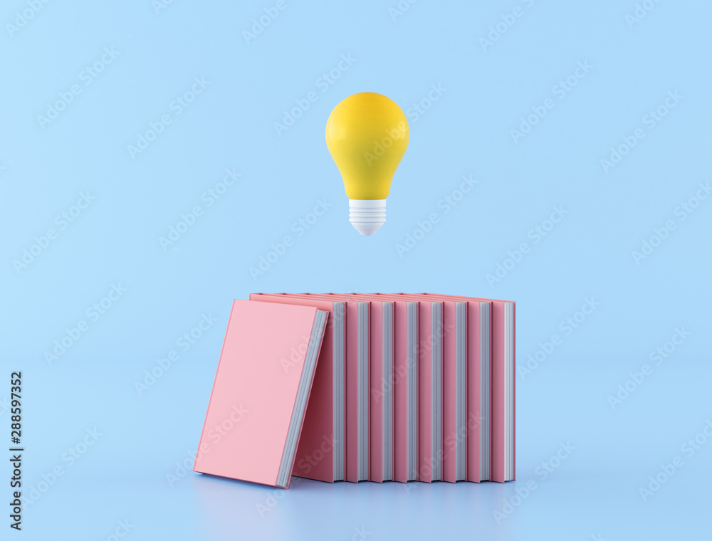 Poster knowledge concept by using yellow light bulb on pink stacked books on blue background,minimal concep