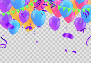 balloons, vector illustration. Confetti and ribbons, Celebration background template with