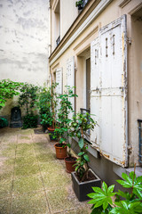 Old Parisian Courtyard with lot of flowers pots on the flore