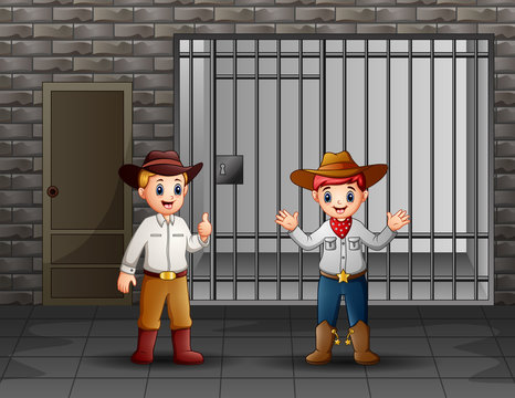 Two mans guarding a prison cell