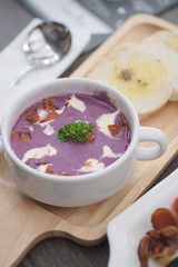 White cauliflower and purple sweet potato soup