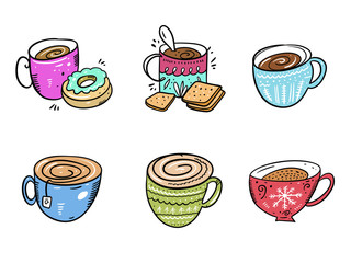 Coffee mug collection set. Hand drawn vector illustration. Isolated on white background.