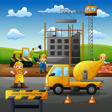 Construction concept with workers and machines building house cartoon