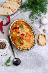 Thick vegetable soup with pasta