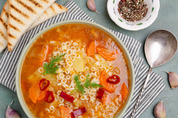 Thick vegetable soup with pasta