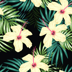 Tropical seamless pattern with palm leaf hibiscus flower