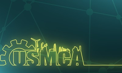 USMCA - United States Mexico Canada Agreement. Decorated USMCA letters. Heavy industry and business concept. Thin line style web banner. 3D rendering. Neon bulb illumination
