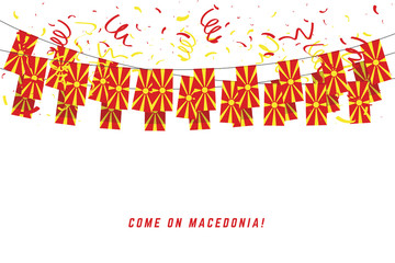 Macedonia flag with confetti on white background, Hang bunting for Macedonia celebration template banner.