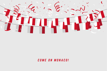 Monaco garland flag with confetti on white background, Hang bunting for Monaco celebration template banner.