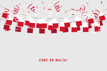 Malta flag with confetti on white background, Hang bunting for Malta celebration template banner.
