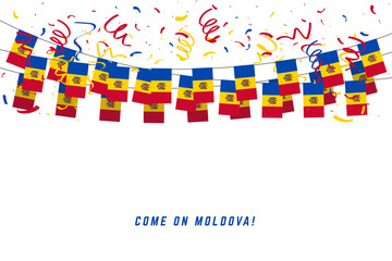 Moldova flag with confetti on white background, Hang bunting for Moldova celebration template banner.