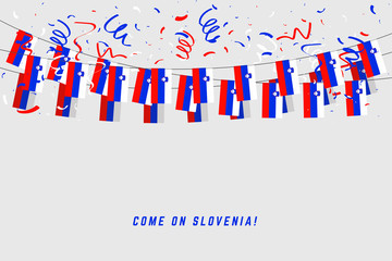 Slovenia garland flag with confetti on white background, Hang bunting for Slovenia celebration template banner.