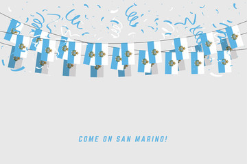 San Marino flag with confetti on white background, Hang bunting for San Marino celebration template banner.