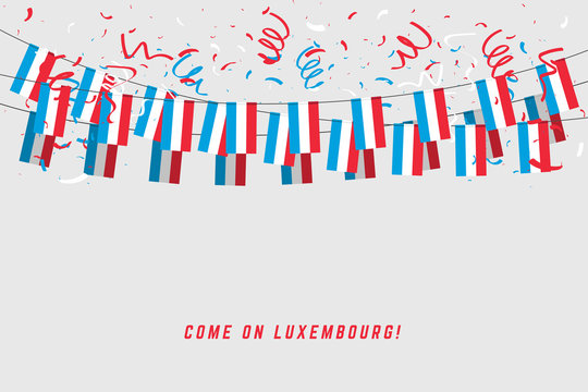 Luxembourg garland flag with confetti on white background, Hang bunting for Luxembourg celebration template banner.