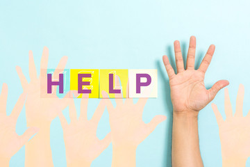 Ask or need help word sign concept with hand palm raised on blue background