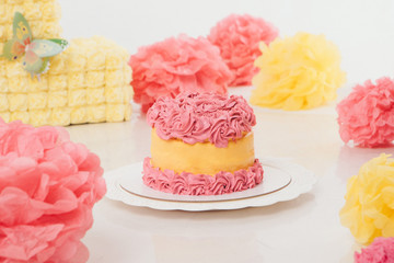 cake on white background closeup. Confectionery decorated with roses. The concept of advertising baking, calorie, food, diet