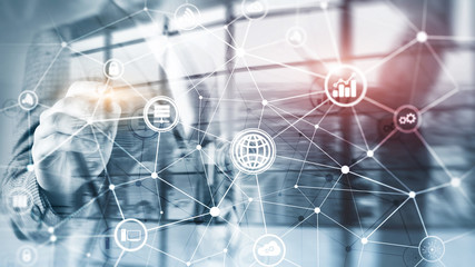 ICT - information and telecommunication technology and IOT - internet of things concepts. Diagrams with icons on server room backgrounds