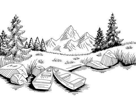 River boat graphic black white landscape sketch illustration vector